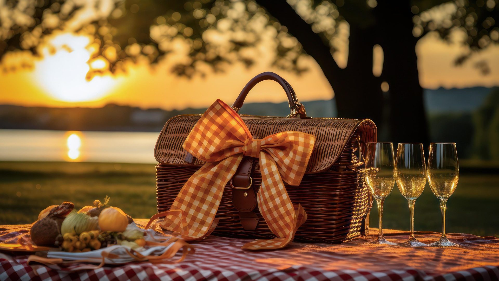 Picnic basket and two champagne glasses on a checkered cloth at sunset, lake beyond