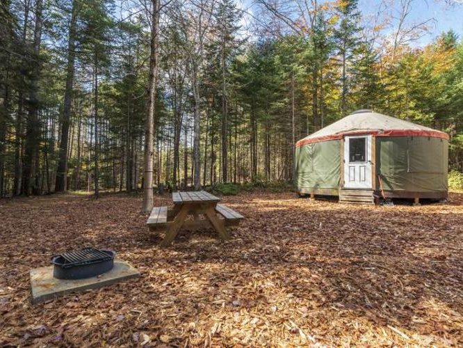 Round canvas yurt in an Adirondack forest clearing with a picnic table and fire ring